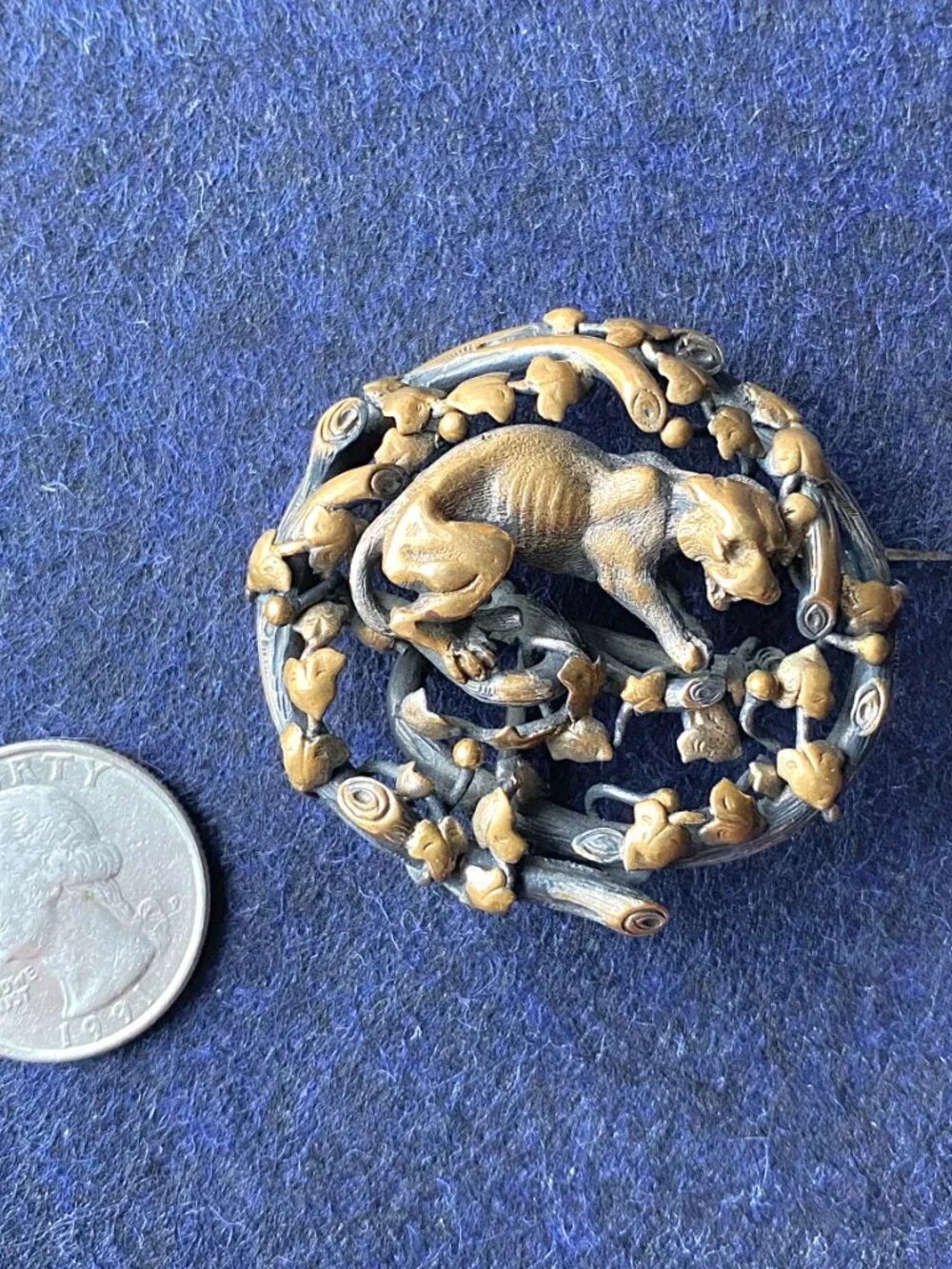 Sculptural Bronze/Copper Brooch with Cougar, Ivy, and Branches